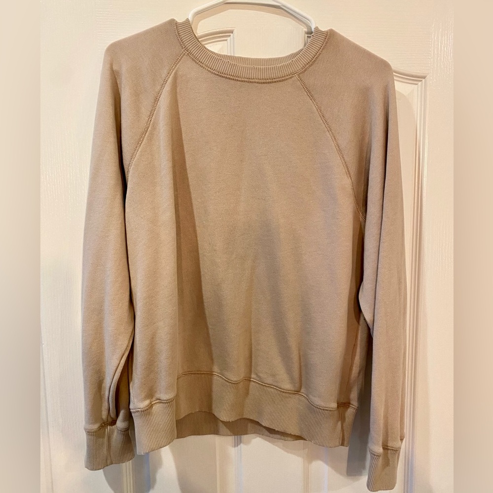 Tan American Eagle loose fit crew neck sweatshirt distressed detailing, small